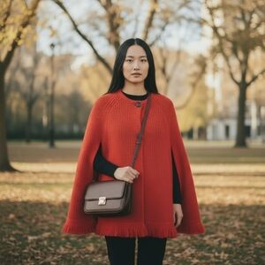 S ~ LUCKY BRAND Orange Red Knit Open-front 2 Leather Button Cape Poncho Small